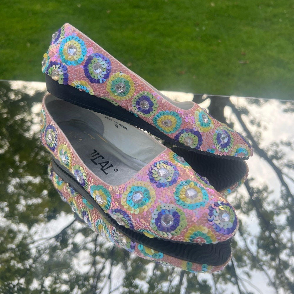 Radical Pink Blue Yellow Purple and Silver Sequined Dressy Flats